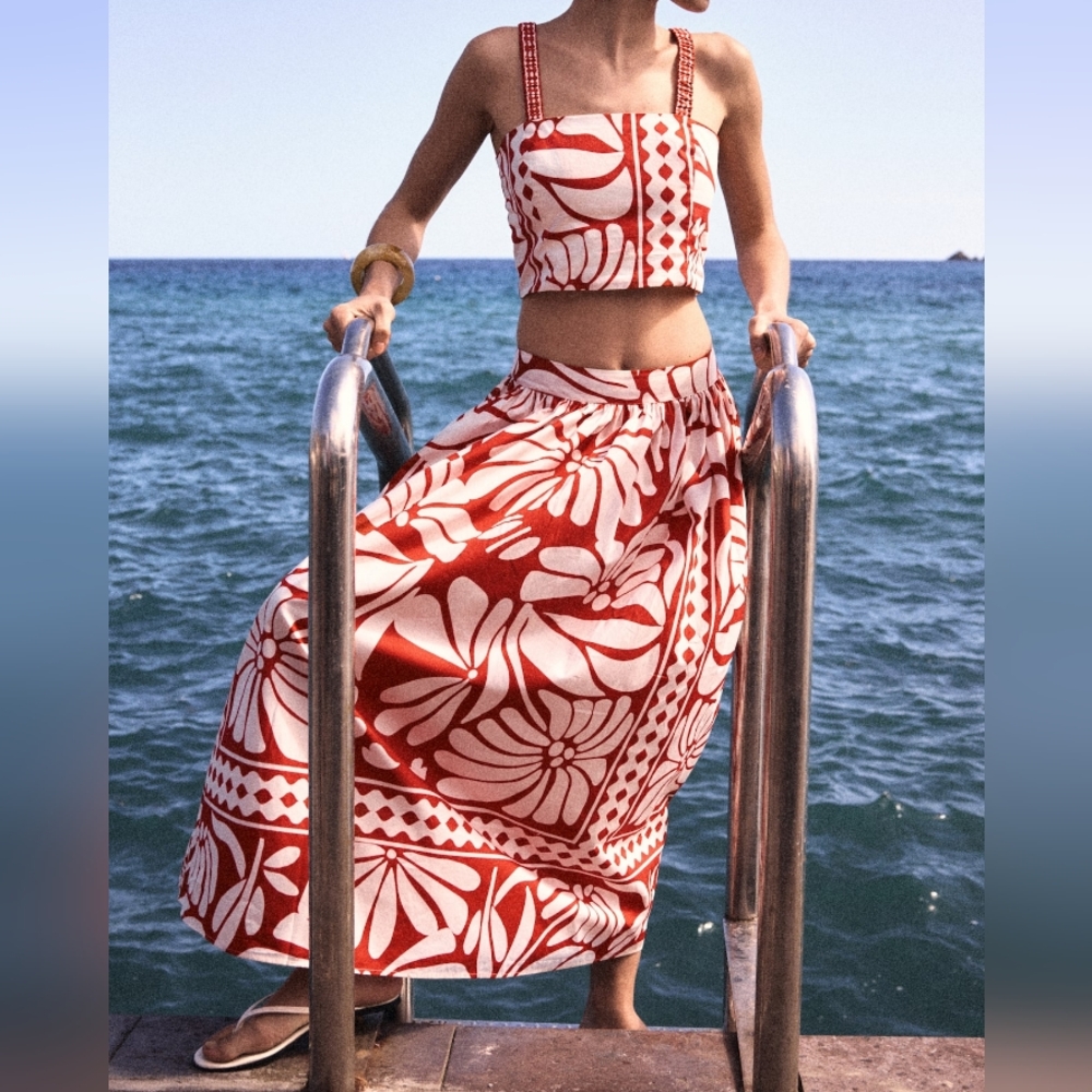 H&M Co-ord Set Poplin Crop Top XL + Maxi Skirt  10 Bright Red/white - Picture 9 of 13